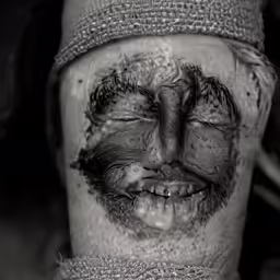 a black and white photo of someone that has a beard and is crying