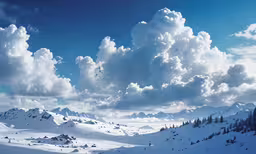 a sky filled with lots of white clouds above a snow covered hillside