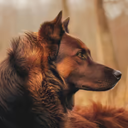 the large dog is sitting outside in the woods