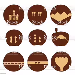 different brown logos and shapes that represent various buildings,six different symbols for different parts of the body,a bunch of different logos in the form of pictures,twelve ancient round avatars of famous ancient people, icons and emblems royalty free stock illustration,the emblem of different countries and their architectural style
