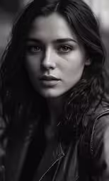 a woman is sitting and posing for a photo,black and white photo of a woman in leather jacket