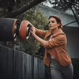 a young woman holding onto an object to hold it