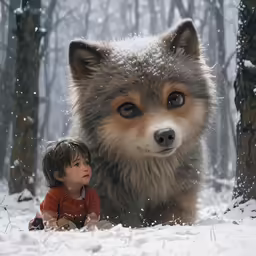 the little boy is watching the wolf play in the snow
