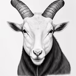 a goat with very long horns sitting next to a white wall