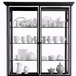 a display case with white vases and teapots