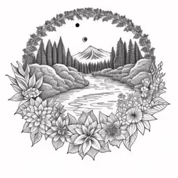 an ink painting of a mountain lake and trees,some flowers and a lake with trees and mountains in the background,a drawing of a river with trees and mountains in the background,the drawing has flowers and foliage on it,a lake and mountains with trees in the middle