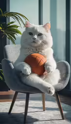 cat sitting on a chair holding a basketball ball