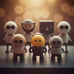 many little toy people standing together on a table