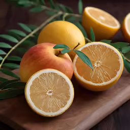 there are two oranges and some fruit on a wooden board