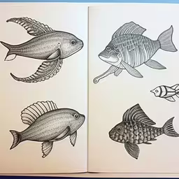 three fish are shown in a book, one has a drawing and the other has an ink drawing
