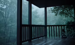 a dark room with some tall wooden poles