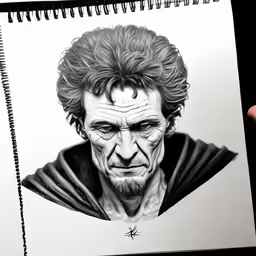 a hand holding up a pencil drawing of a person