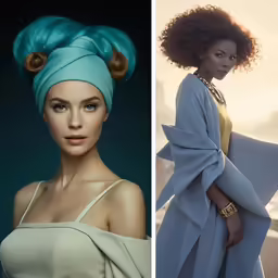 a woman with blue hair wearing a headwrf and a photo of a woman in blue