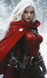 a woman dressed as the red hoodie in snow