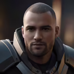 an avatar with a beard is standing near another person