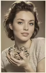 woman in white dress with necklace holding two flowers