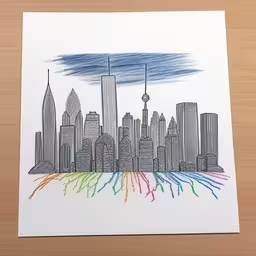drawing of a city with buildings, skyscrapers and fire splotters,a drawing of a city skyline
