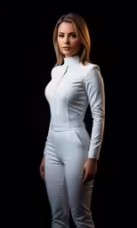 a woman in white is posing in the studio