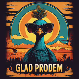 an image of a poster with the words glad problem in front of a mountain,a blue bird with sunglasses on, in front of an orange sunset
