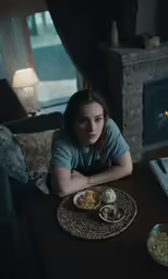 a woman sits in a room on a couch next to food