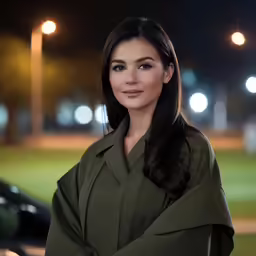 a beautiful young woman with dark hair standing in front of a car at night