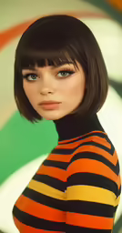 a woman with a bob cut standing in front of a white and green background