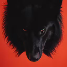 a black dog looks to his right with light red background