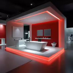 a white bathroom with red accents and lights