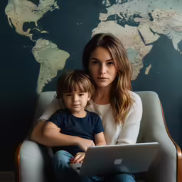 a woman and child sitting on top of a chair while looking at a laptop