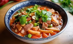 a blue and white bowl filled with meat and vegetables