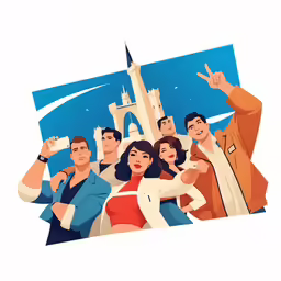 people in front of a castle with an image of a person giving a hand sign