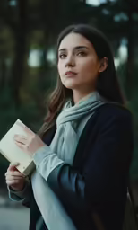 a woman in a scarf is holding an open book