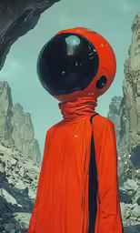 an orange suit and helmet stands in a rocky space environment