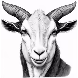 the goat with horns on is looking into the camera