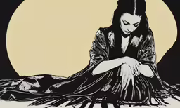 the woman is sitting in front of a moon