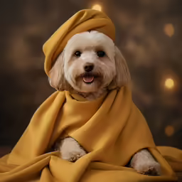 a dog in a blanket with its eyes wide open