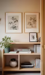 two framed pictures and flowers on the wall in a living room