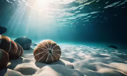 some sea urchins are laying on the sand under water