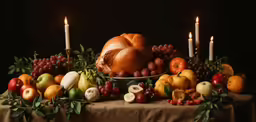 there is a turkey on a table with many other things