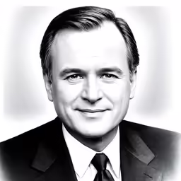 a black and white photo of a smiling man in a suit