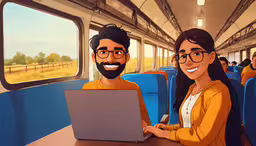 a couple sitting on train while using laptop,a man and woman on a train next to each other