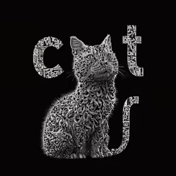 a cat sitting on top of the word cj written in a very intricate font