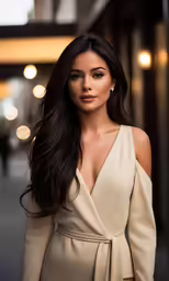a young woman with long black hair in a tan dress