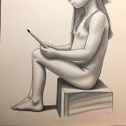 a pencil drawing of a woman sitting on a table,drawing of a nude woman using a tablet