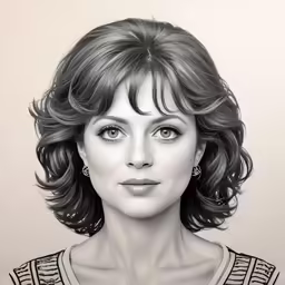 a drawing of a woman with a short hair and green eyes