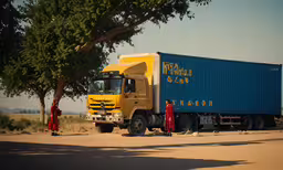a man stands in front of a truck near a tree,a couple of people next to a yellow truck