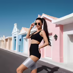 a pretty woman standing by the beach wearing shiny silver shorts