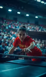 the woman is wearing red and playing a game of ping pong
