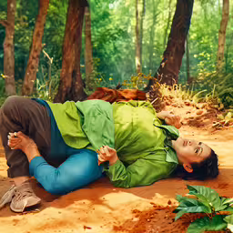 a woman in a green jacket is laying on the ground,a woman laying on the ground in the forest