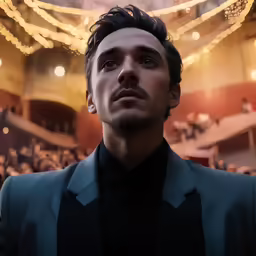 a man in a suit standing with an audience